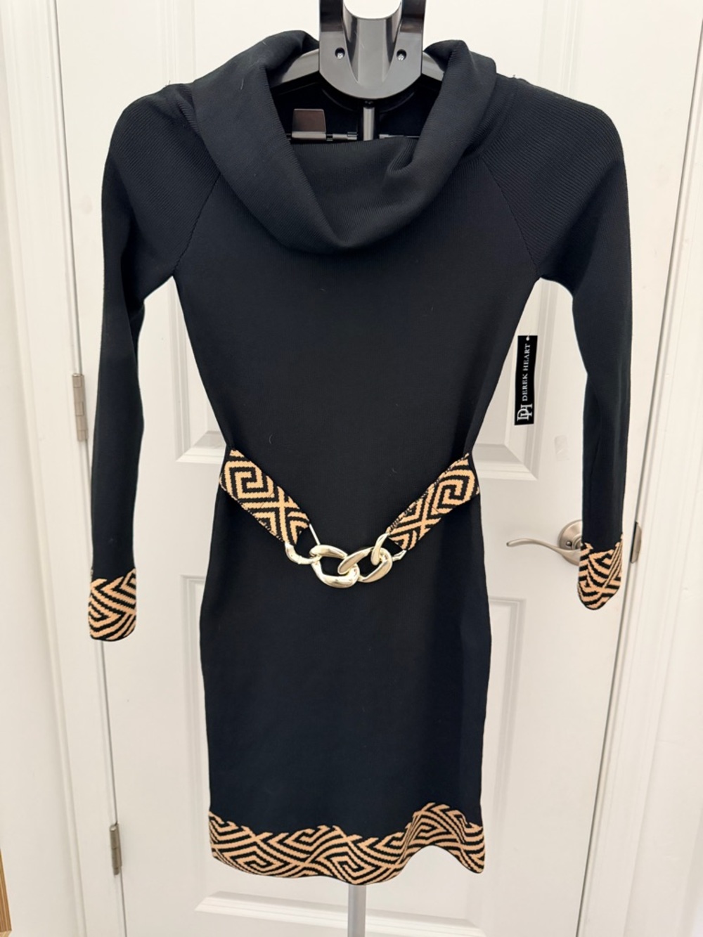 Derek Heart Black Knit Dress with Gold Chain and Geometric Trim